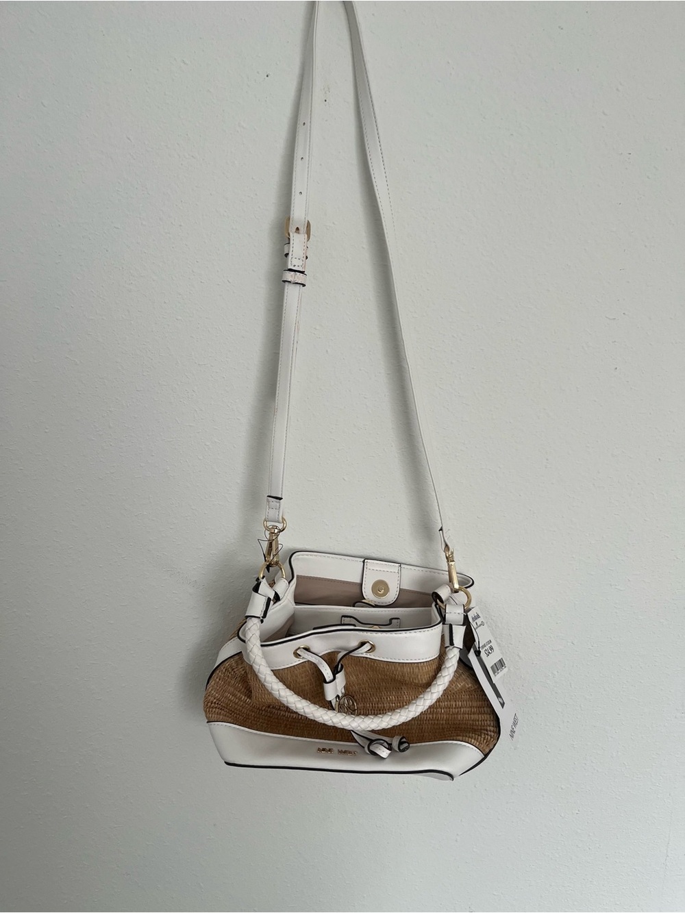 Nine West White and Tan Braided-Handle Crossbody Bag